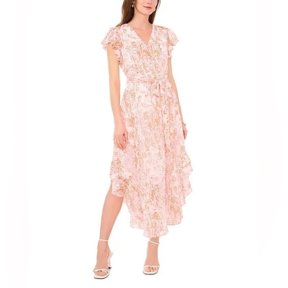 VINCE CAMUTO Asymmetical Hem Midi Dress in Orange Crush Flutter Sleeve Small NWT